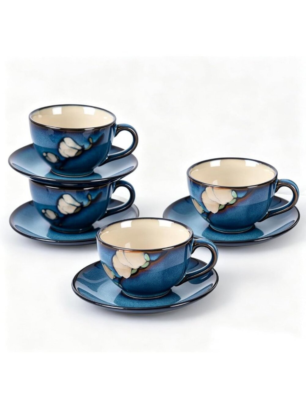 Floral Porcelain Cappuccino Cups Set of 4 - Stoneware Tea & Coffee Mugs, Dark